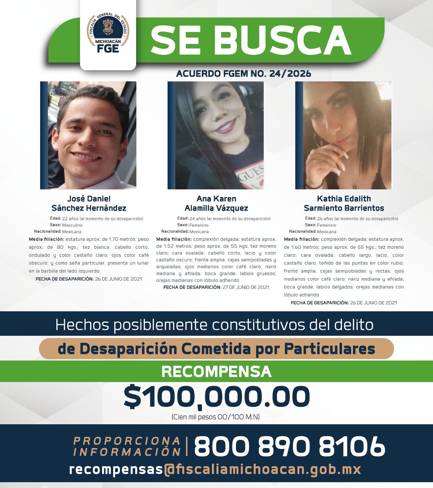 Ilustración simbólica de tres siluetas humanas junto a un mapa de Michoacán y un teléfono con ícono de llamada, representando la participación ciudadana en la búsqueda de desaparecidos.