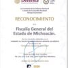Logotipo de la Fiscalía General del Estado de Michoacán junto a elementos simbólicos de protección infantil y justicia digital