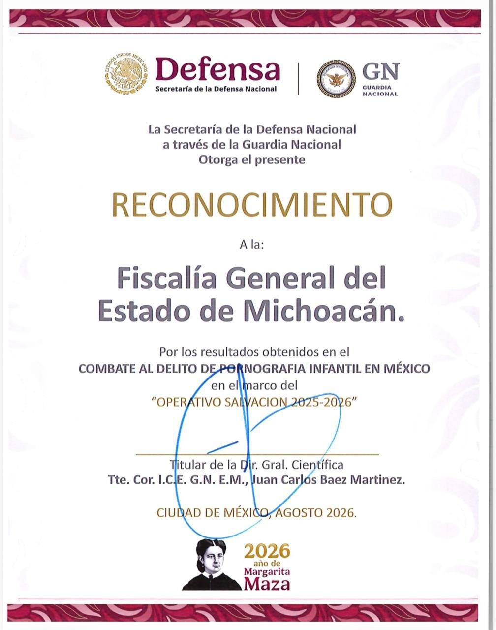Logotipo de la Fiscalía General del Estado de Michoacán junto a elementos simbólicos de protección infantil y justicia digital