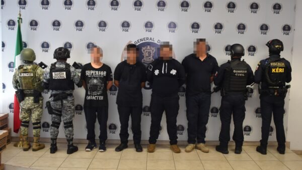 Logos oficiales superpuestos: Fiscalía General de Michoacán, Guardia Civil, Secretaría de la Defensa Nacional y Guardia Nacional, sobre fondo azul oscuro