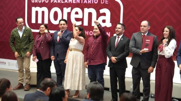 Retrato formal de la diputada Belinda Iturbide Díaz frente a un fondo con los colores de la bandera de Michoacán y símbolos de salud, educación y justicia