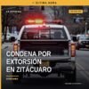 Ilustración simbólica de una tienda de abarrotes en Zitácuaro con un escudo y una balanza, representando la condena por