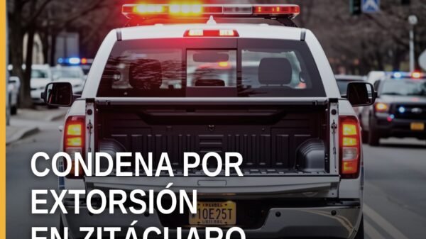 Ilustración simbólica de una tienda de abarrotes en Zitácuaro con un escudo y una balanza, representando la condena por