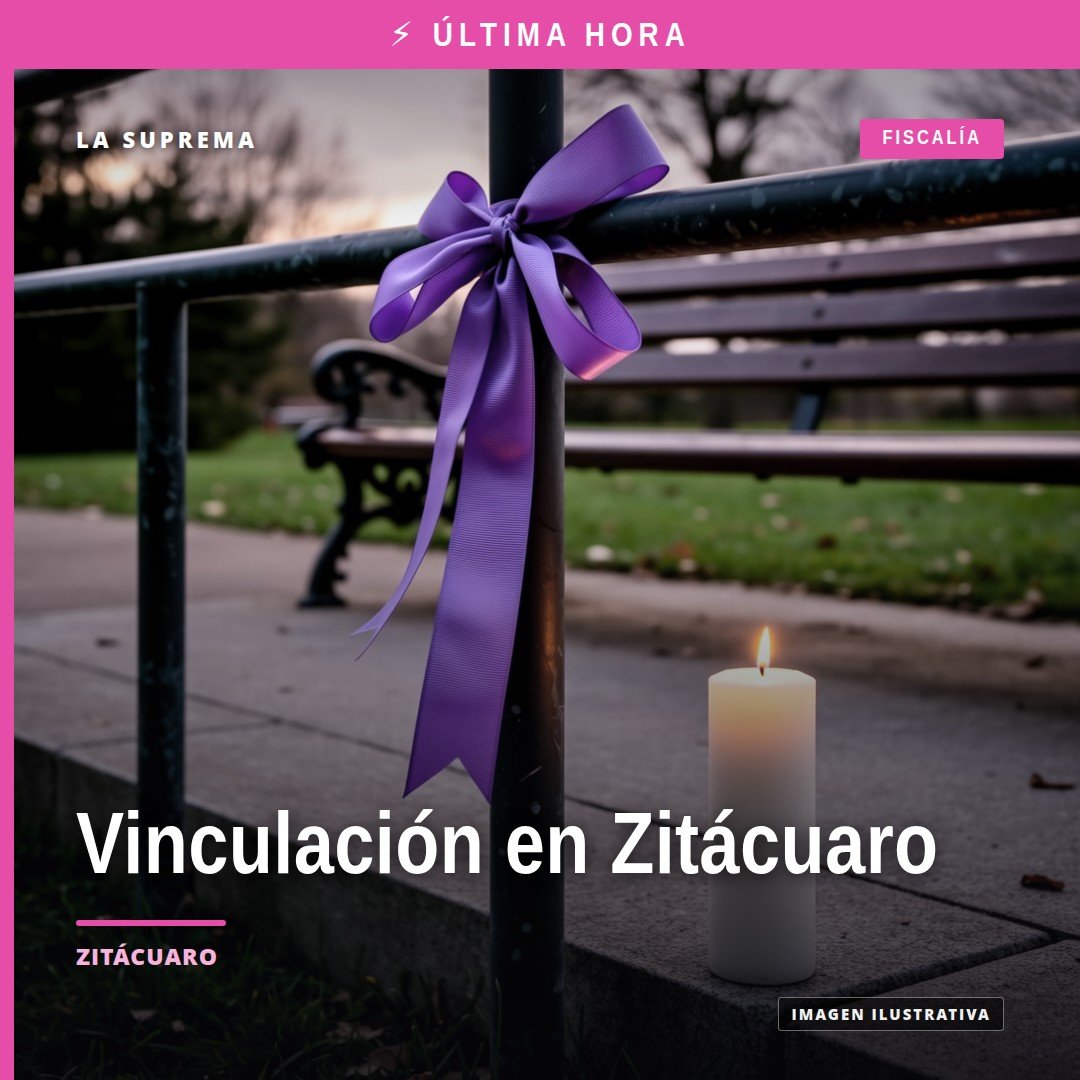 Ilustración simbólica de balanza de justicia con fondo de silueta urbana de Zitácuaro, representando la vinculación por