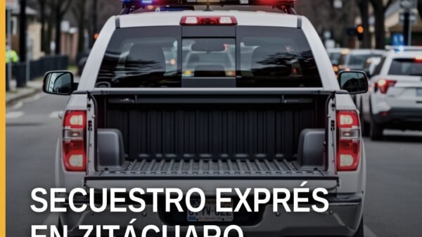Ilustración simbólica de una fachada de negocio de agroquímicos en Zitácuaro con sello de justicia, relacionada con el