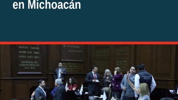 Ilustración conceptual de personas diversas en Michoacán con símbolos de cultura, patrimonio y derechos; texto: derechos