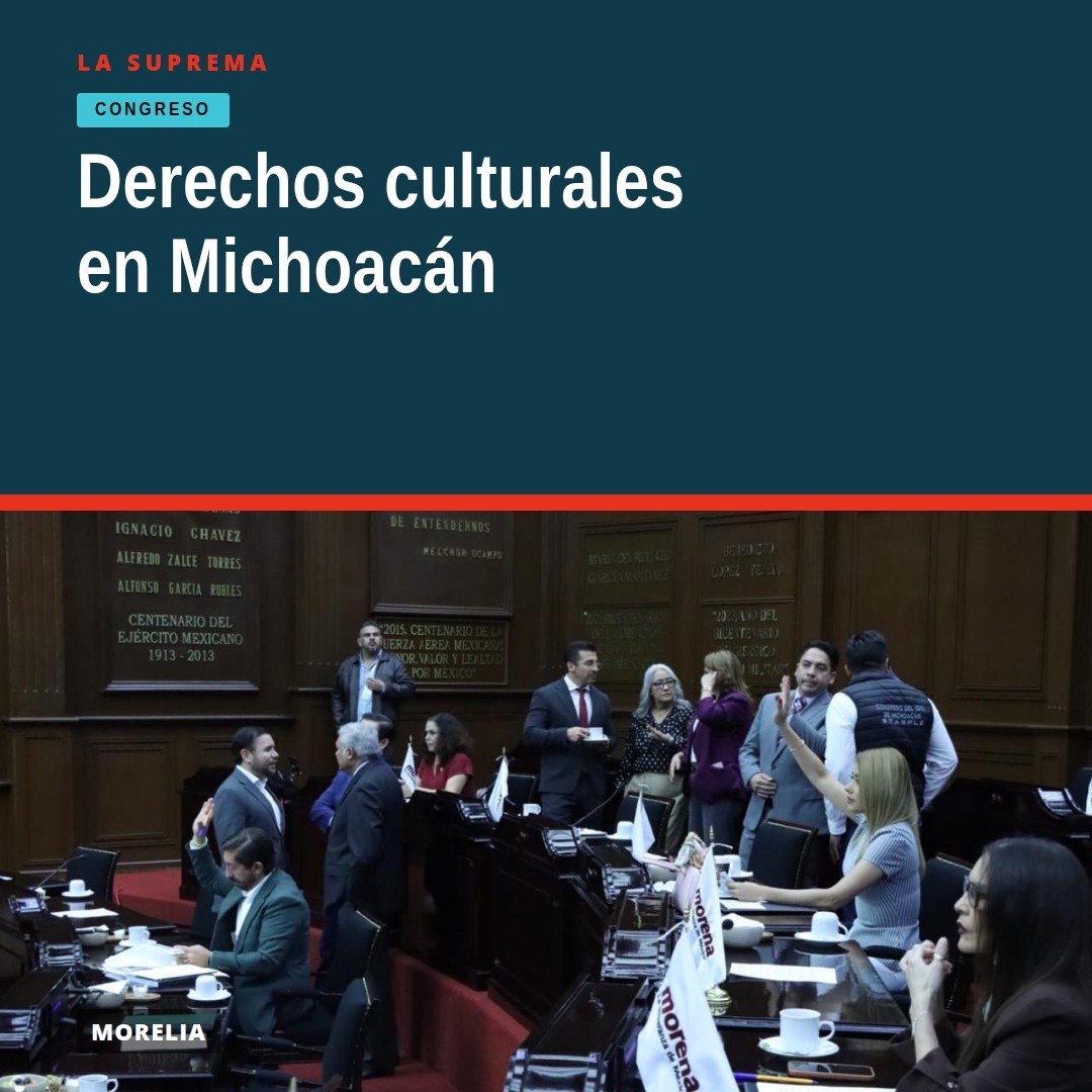 Ilustración conceptual de personas diversas en Michoacán con símbolos de cultura, patrimonio y derechos; texto: derechos