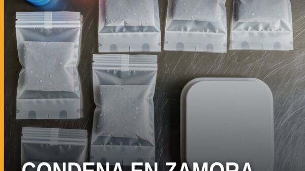 Ilustración simbólica de balanza y escudo con fondo de colonia Las Fuentes en Zamora, relacionado con adolescente condenado