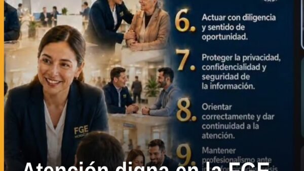 Ilustración conceptual de comunicación asertiva y atención digna: silueta de servidor público escuchando con empatía a una