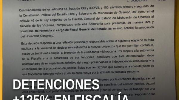 Fotografía simbólica de un edificio de la fiscalía de michoacán detención con logo institucional y bandera estatal, fondo