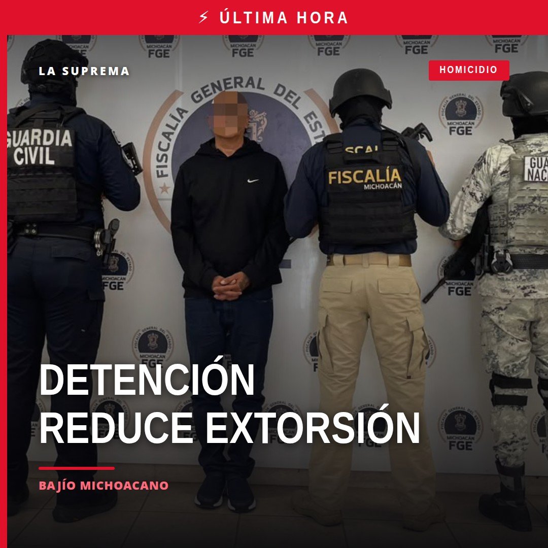 Fiscalía de michoacán detención: imagen simbólica de escudo institucional con mapa del Bajío michoacano y los municipios