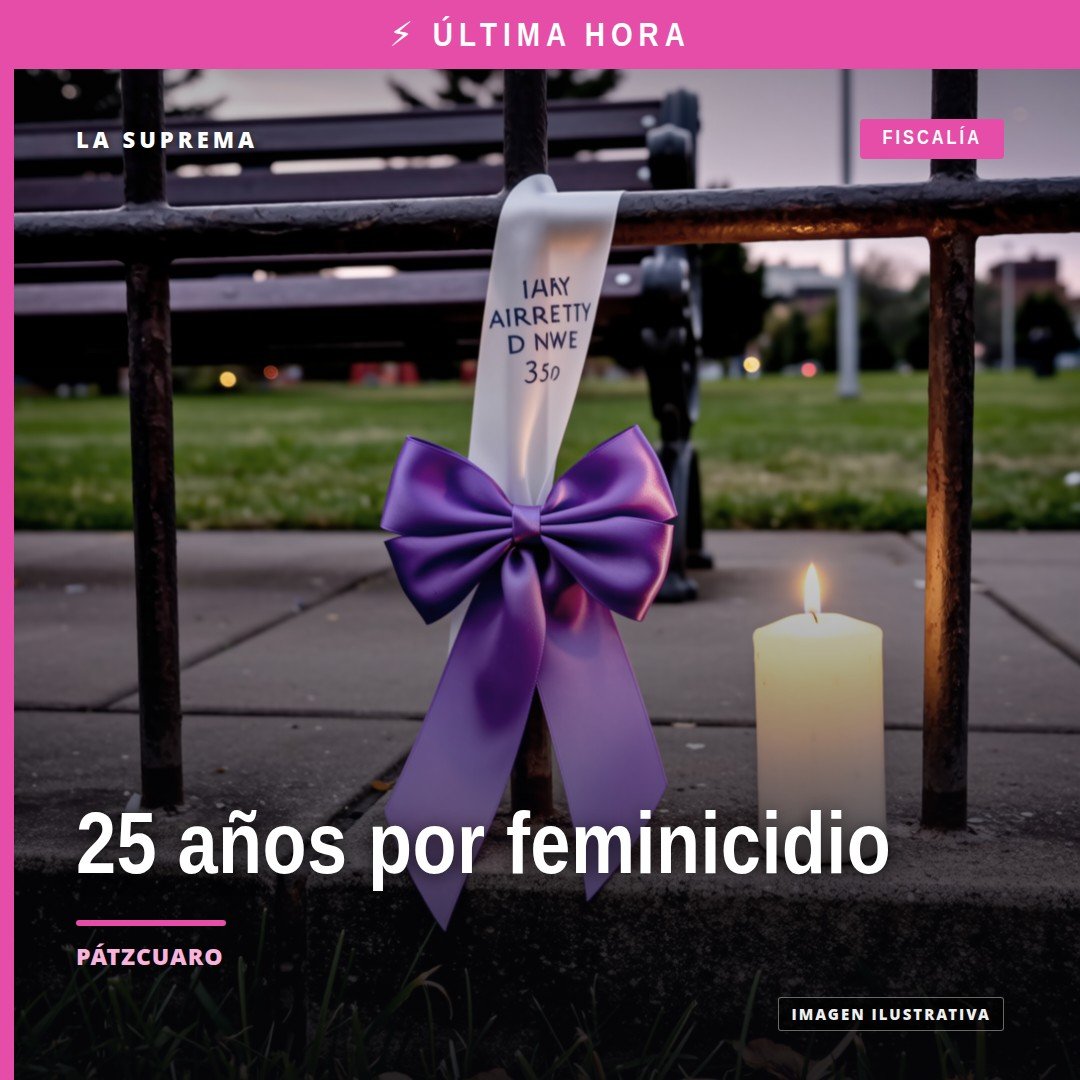 Ilustración simbólica de balanza de justicia y bandera de Michoacán, con texto 'Fiscalía michoacán feminicidio'