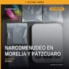 Fiscalía Michoacán narcomenudeo: ilustración simbólica de balanza de justicia y siluetas de Morelia y Pátzcuaro con fondo