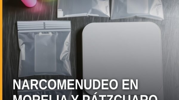 Fiscalía Michoacán narcomenudeo: ilustración simbólica de balanza de justicia y siluetas de Morelia y Pátzcuaro con fondo