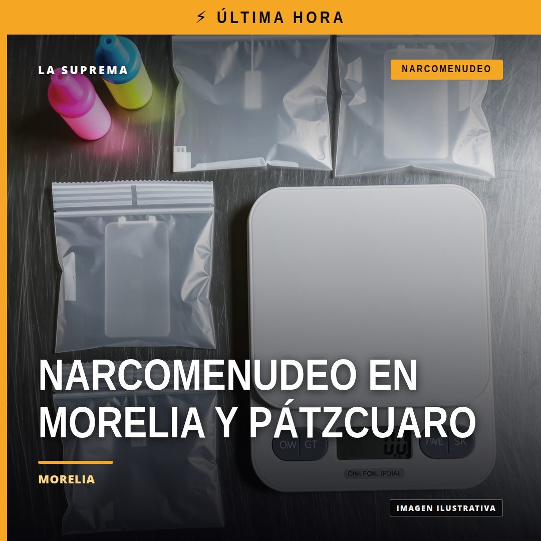 Fiscalía Michoacán narcomenudeo: ilustración simbólica de balanza de justicia y siluetas de Morelia y Pátzcuaro con fondo