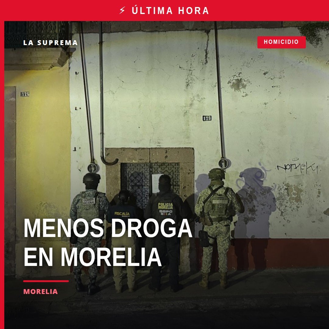 Imagen ilustrativa de un sello oficial de la Fiscalía Michoacán sobre fondo urbano de Morelia, con íconos discretos de droga