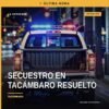 Fiscalía Michoacán secuestro: ilustración simbólica de balanza de justicia con logo de la FGE y nombre de Tacámbaro