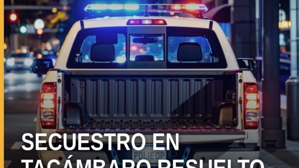 Fiscalía Michoacán secuestro: ilustración simbólica de balanza de justicia con logo de la FGE y nombre de Tacámbaro