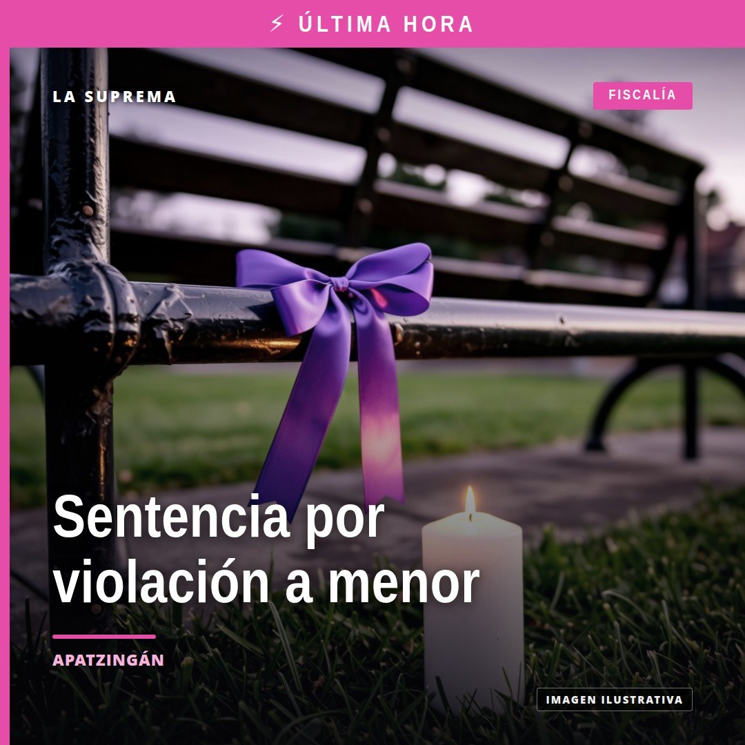 Fiscalía Michoacán sentencia: ilustración simbólica de balanza de justicia y escudo estatal, sin rostros, fondo azul oscuro