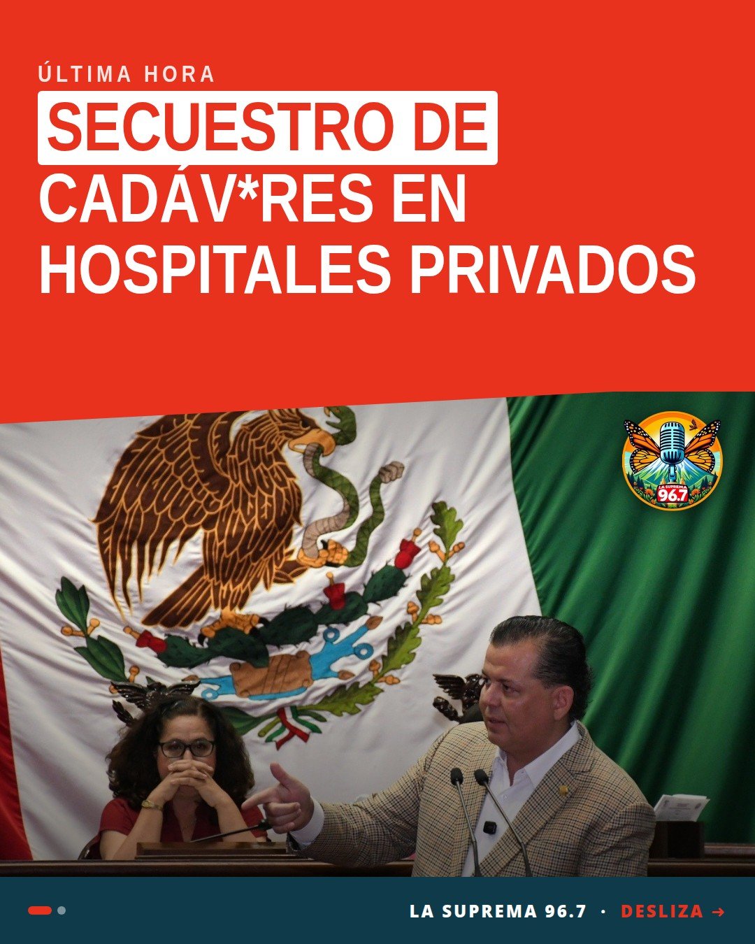 Ilustración simbólica de una familia frente a un hospital privado en Morelia, con un cuerpo cubierto y un documento de