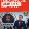 Ilustración de un auto con un escudo roto y una transacción bancaria falsa en pantalla, representando robo de vehículo por