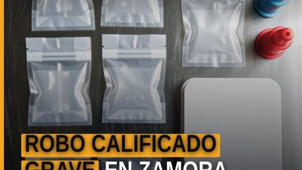 Robo calificado grave en Zamora: imagen simbólica de un local comercial con cristal roto y presencia policial en la fachada