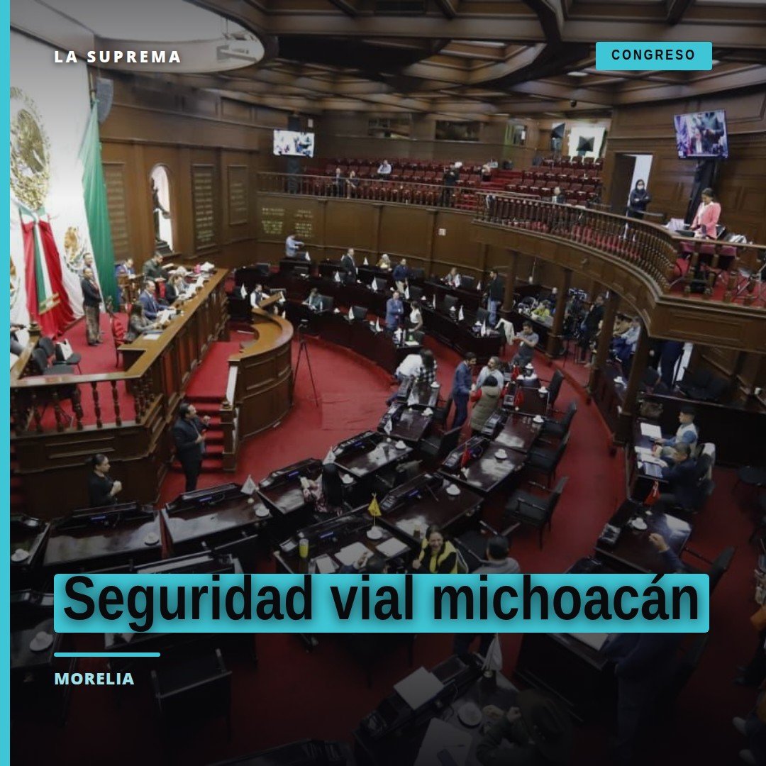 Ilustración simbólica de una carretera michoacana con señales de tránsito, un vehículo eléctrico y un adulto mayor junto a