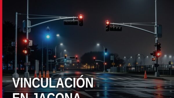 Ilustración simbólica de balanza de justicia con fondo de silueta de Jacona, Michoacán, relacionada con homicidio calificado
