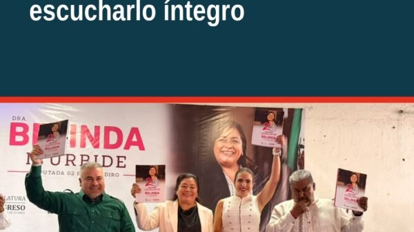 Ilustración de un micrófono con ondas sonoras y texto 'informe diputada belinda' sobre fondo azul claro, estilo radiofónico
