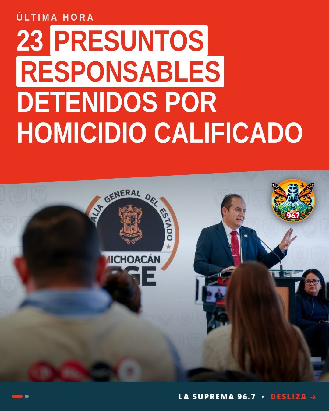Infografía con datos clave sobre homicidio calificado morelia: 48.7% menos casos, 23 detenidos, comparativo 2025-2026