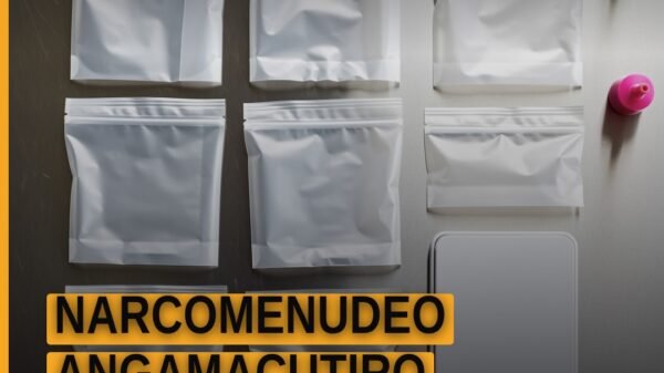 Ilustración simbólica de una balanza de justicia con fondo de los municipios de Angamacutiro y Puruándiro, representando la