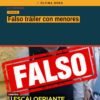 Ilustración simbólica de una red social con una alerta de verificación cruzada sobre el falso tráiler con menores