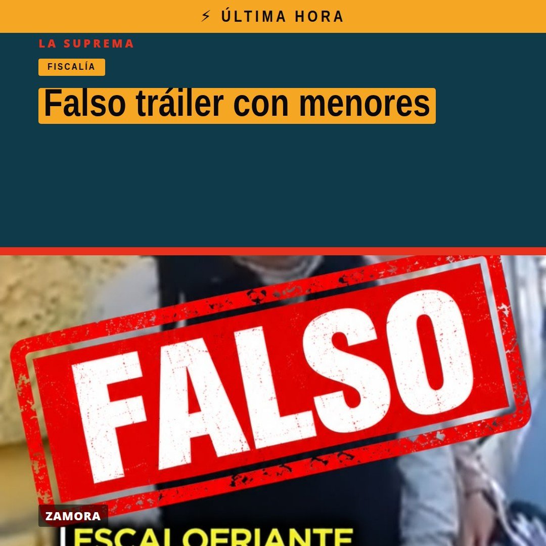 Ilustración simbólica de una red social con una alerta de verificación cruzada sobre el falso tráiler con menores