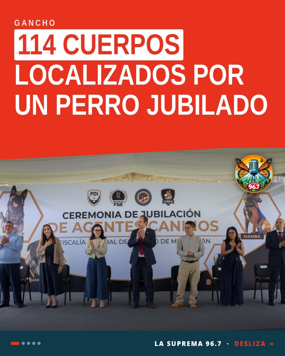 Cinco perros policía junto a sus manejadores en ceremonia de jubilación en Morelia, con bandera de la FGE y reconocimientos