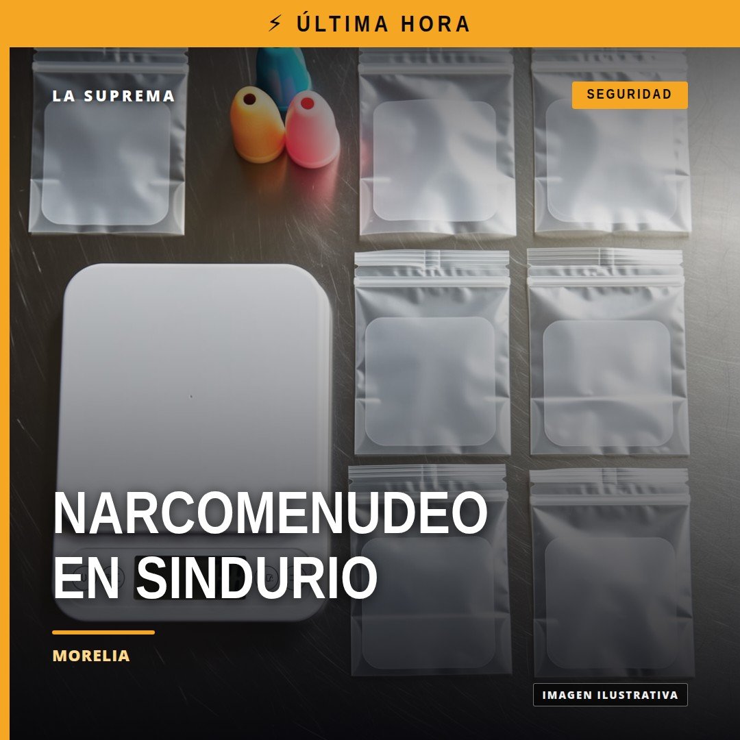 Ilustración simbólica de una balanza y una calle residencial con señalización de la colonia Sindurio, relacionada con el