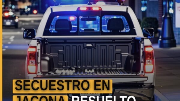 Ilustración simbólica de justicia local: balanza y escudo con el nombre 'Jacona' y la frase clave secuestro en jacona
