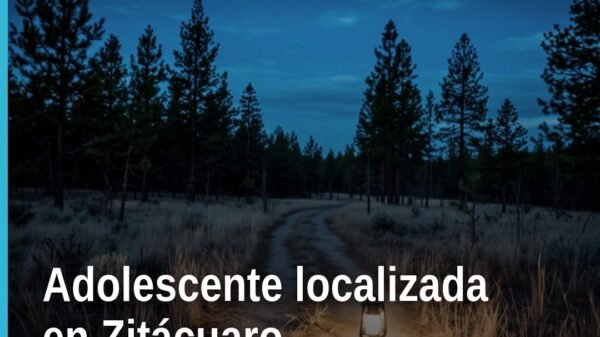 adolescente localizada zitácuaro: ilustración simbólica de una familia reunida frente a un edificio de la Fiscalía en