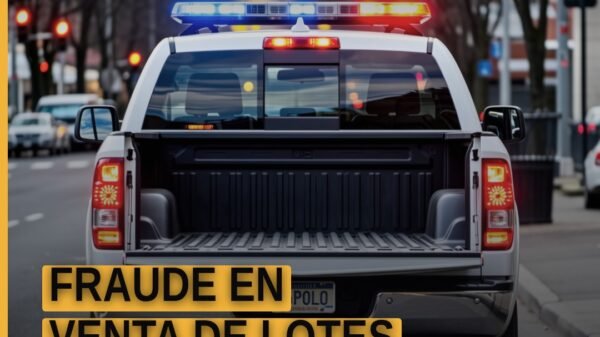 Ilustración simbólica de un fraccionamiento abandonado y documentos de venta con sello de 'sin licencia', relacionados con