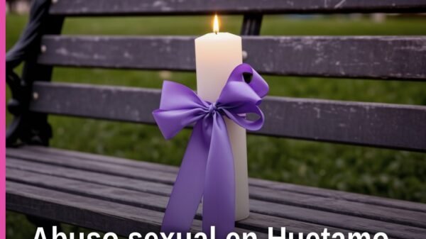 Ilustración simbólica de justicia y protección infantil con fondo que sugiere Huetamo, acompañada del texto 'abuso sexual