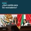 Ilustración conceptual de personas recicladoras en Michoacán con símbolos de economía circular y justicia social, destacando