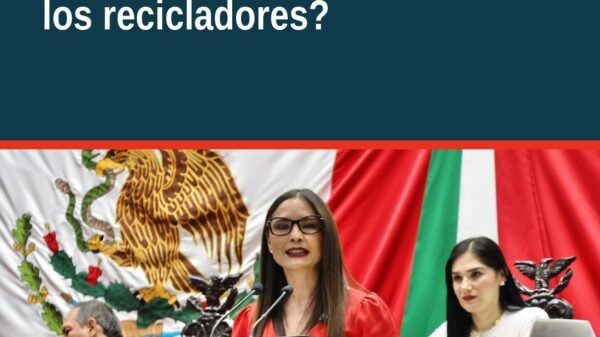 Ilustración conceptual de personas recicladoras en Michoacán con símbolos de economía circular y justicia social, destacando