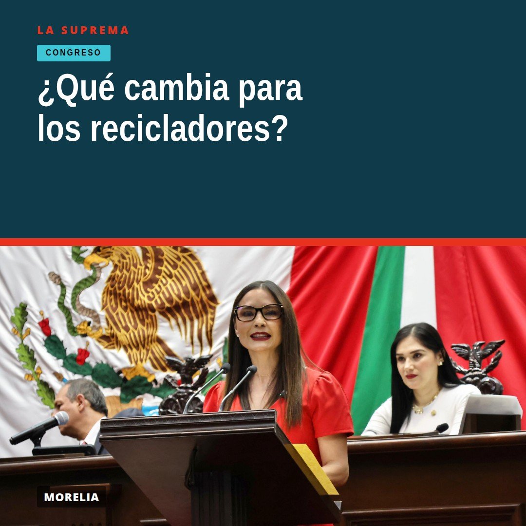 Ilustración conceptual de personas recicladoras en Michoacán con símbolos de economía circular y justicia social, destacando