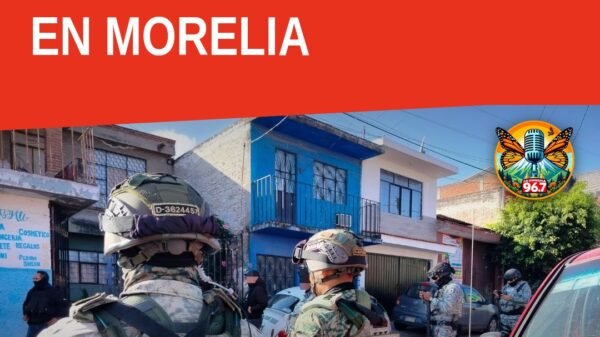 Imagen ilustrativa de un operativo policial en una calle residencial de Morelia, con señalética de seguridad en morelia