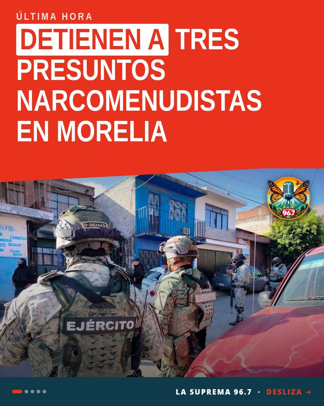 Imagen ilustrativa de un operativo policial en una calle residencial de Morelia, con señalética de seguridad en morelia