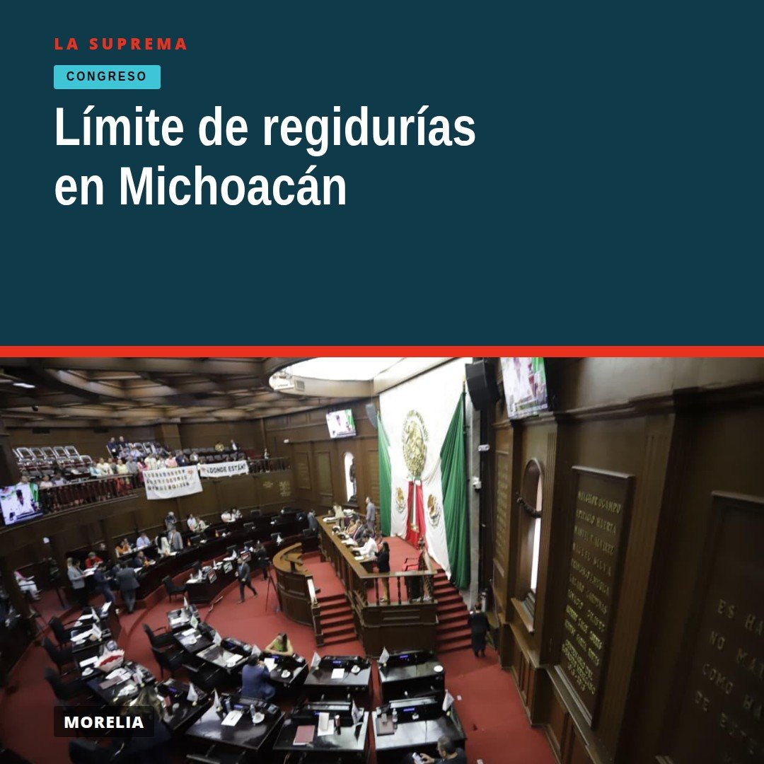 Ilustración conceptual de un ayuntamiento michoacano con 15 regidores representados, fondo de Morelia y símbolos de