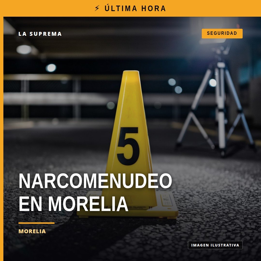 Ilustración simbólica de balanza de justicia sobre mapa de Morelia y Zinapécuaro, con texto 'narcomenudeo morelia'