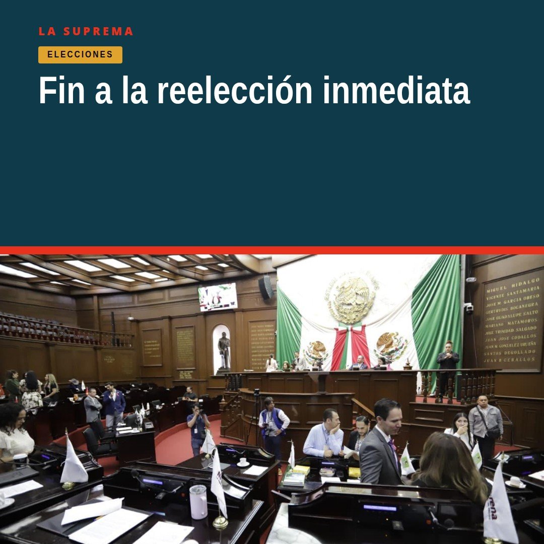 Fotografía simbólica de una balanza y una Constitución abierta sobre un mapa de Michoacán, con texto 'reelección inmediata