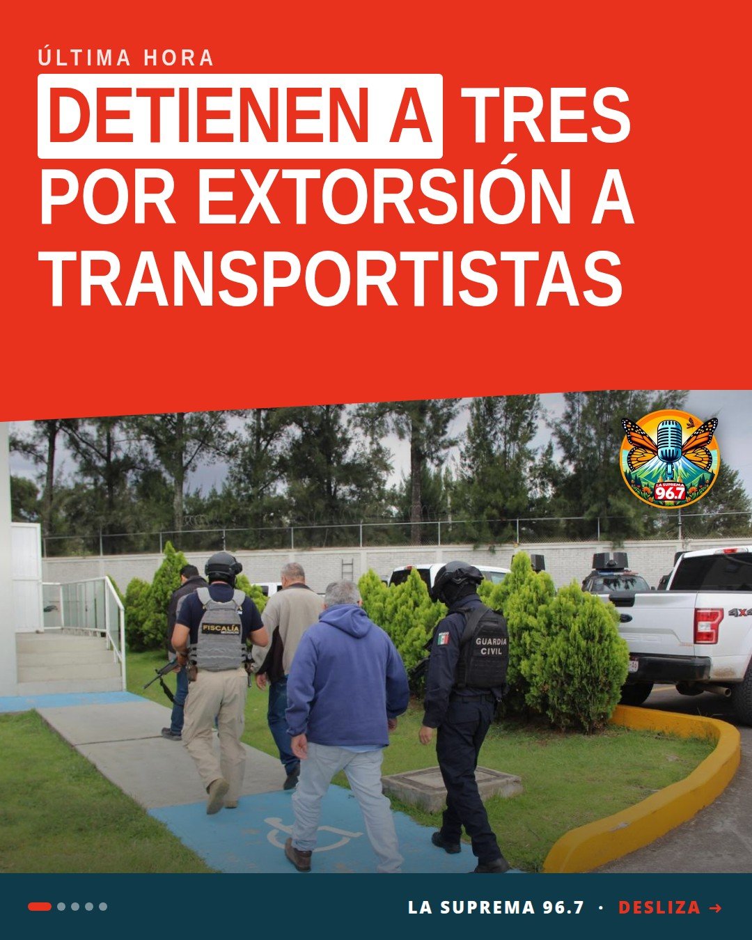 Tres hombres detenidos por extorsión transportistas morelia, frente a edificio institucional con logos de FGE, SSP, Defensa