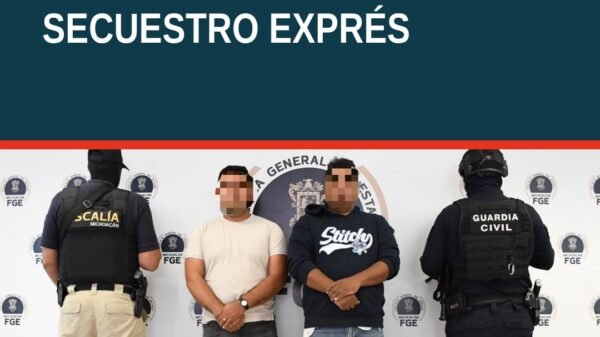 Ilustración simbólica de una camioneta detenida en una calle de Morelia, con siluetas de personas y advertencia de seguridad