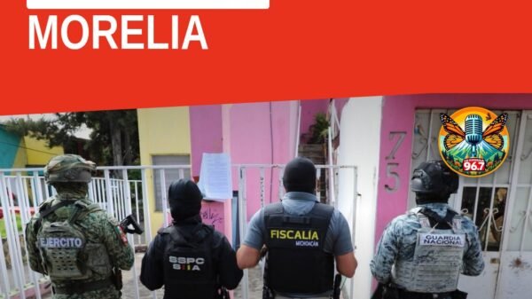 Imagen ilustrativa de un operativo policial en una calle residencial de Morelia, con agentes y señalización, representando